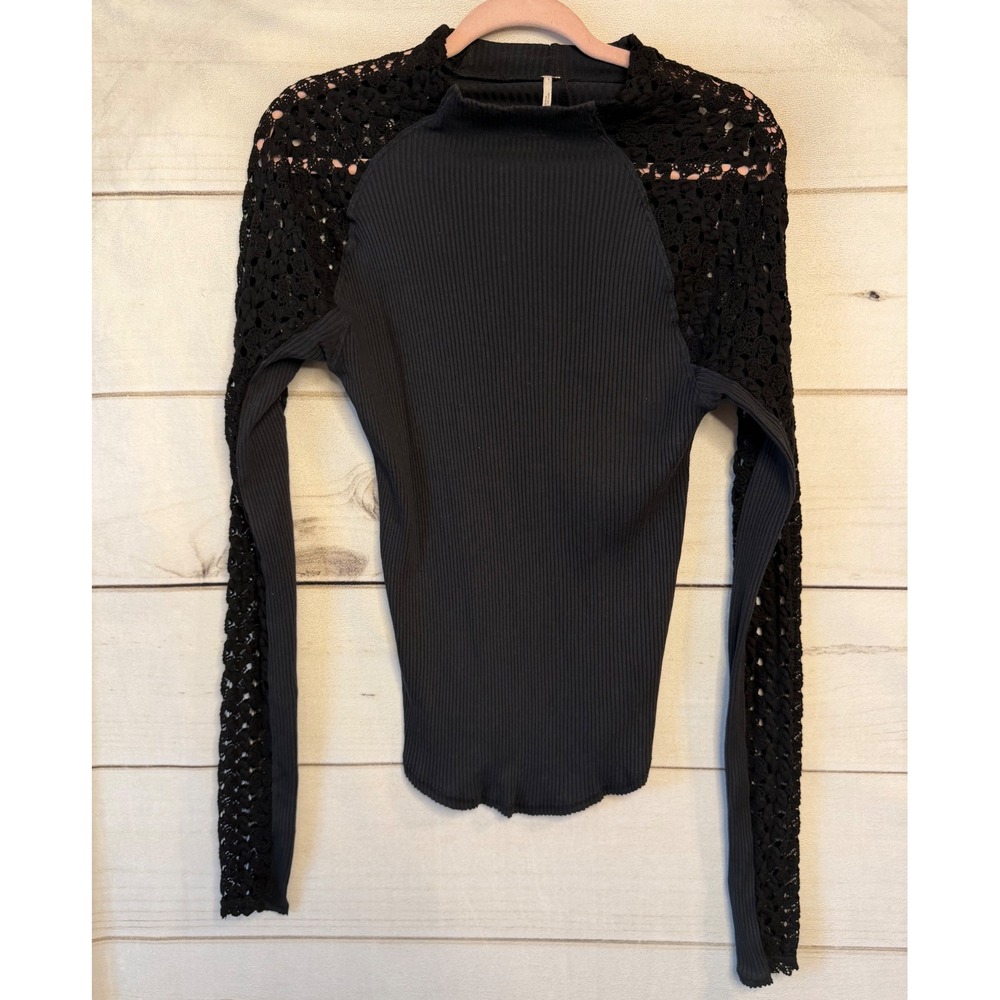 Free People Black Ribbed Mock Neck Top Crochet Lace Long Sleeve Size L